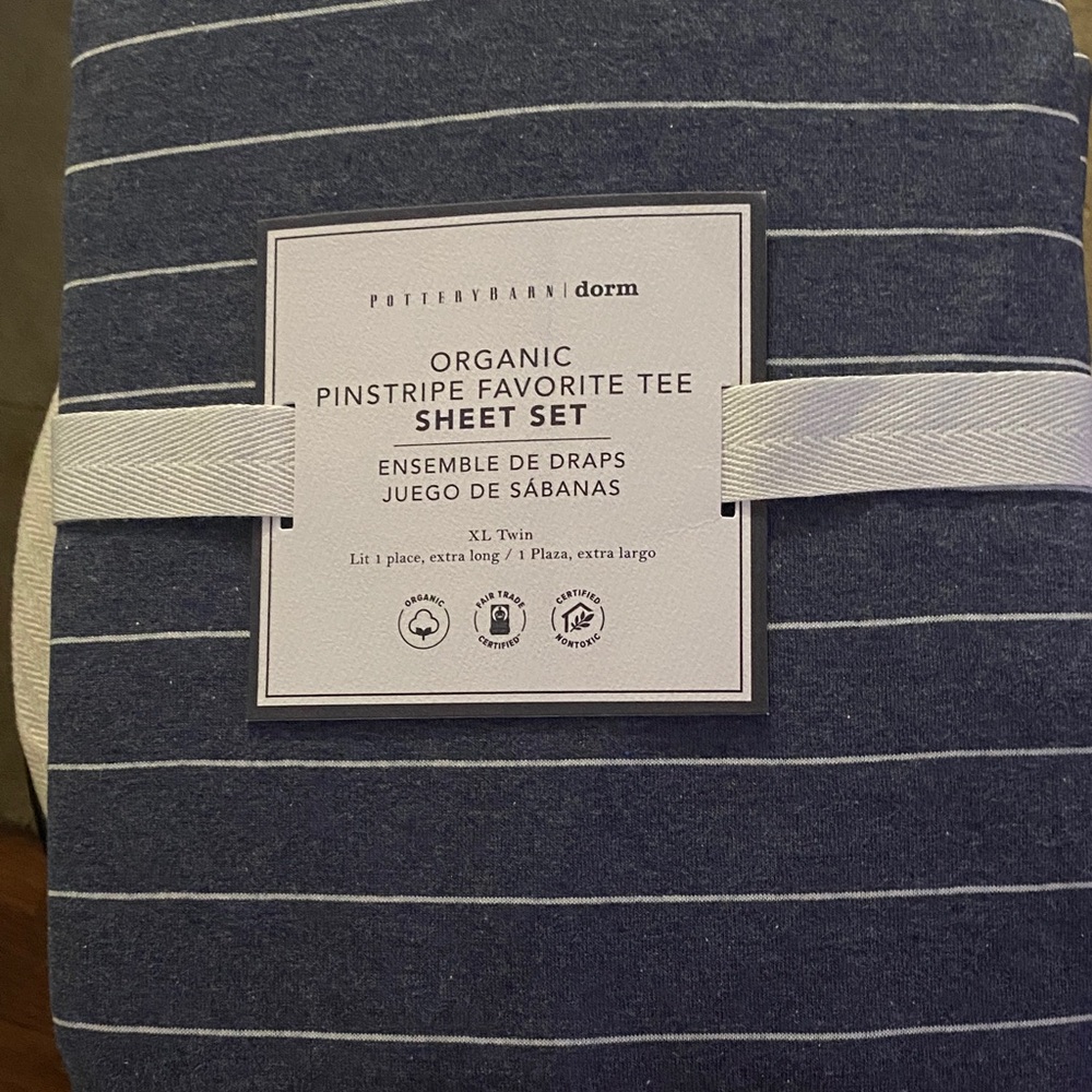 Pottery Barn Dorm Organic Pinstripe Favorite Tee Sheet Set, XL Twin NWT